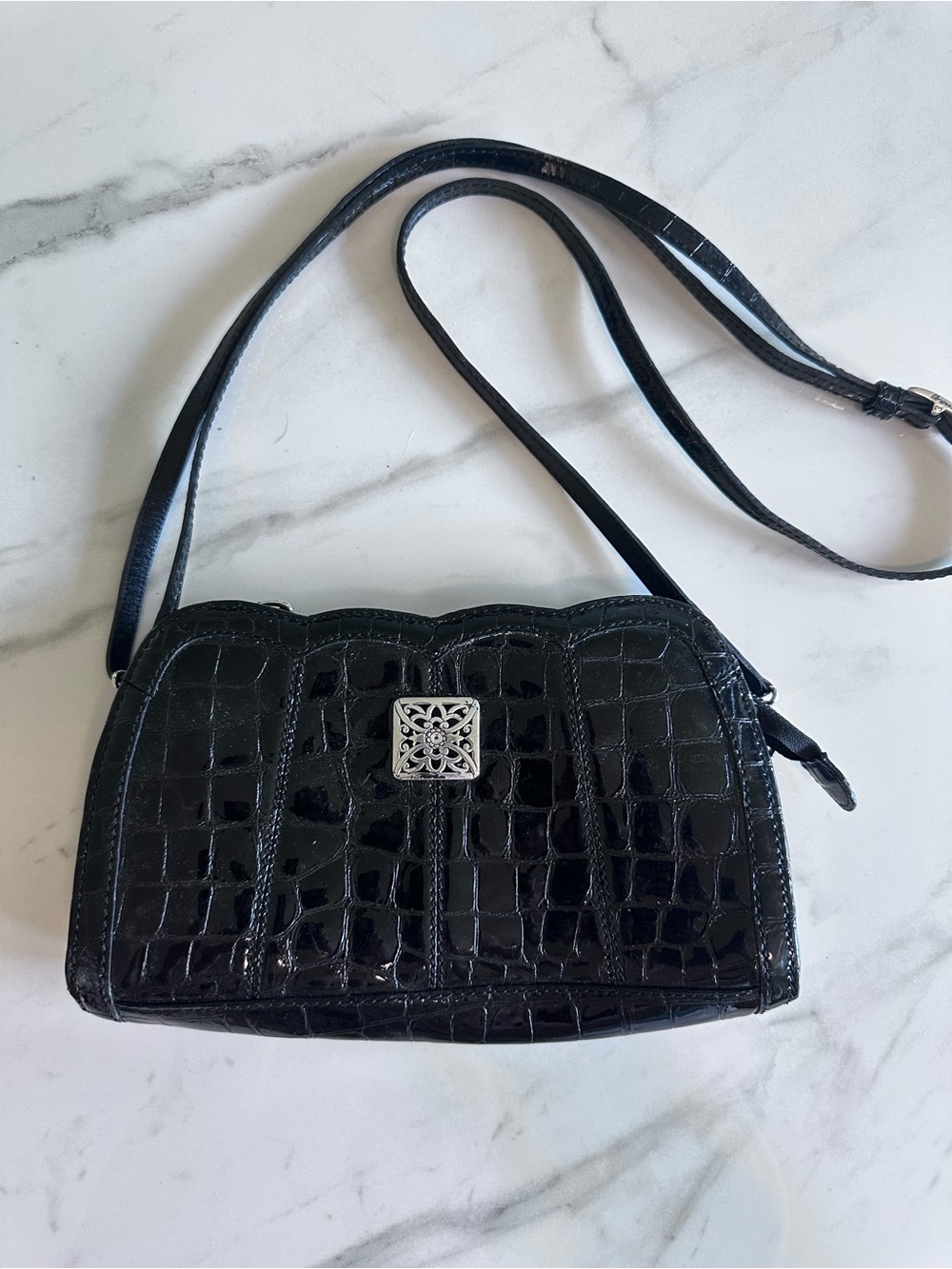 Brighton Collectibles Black Croc-Embossed Crossbody Bag with Silver Accent